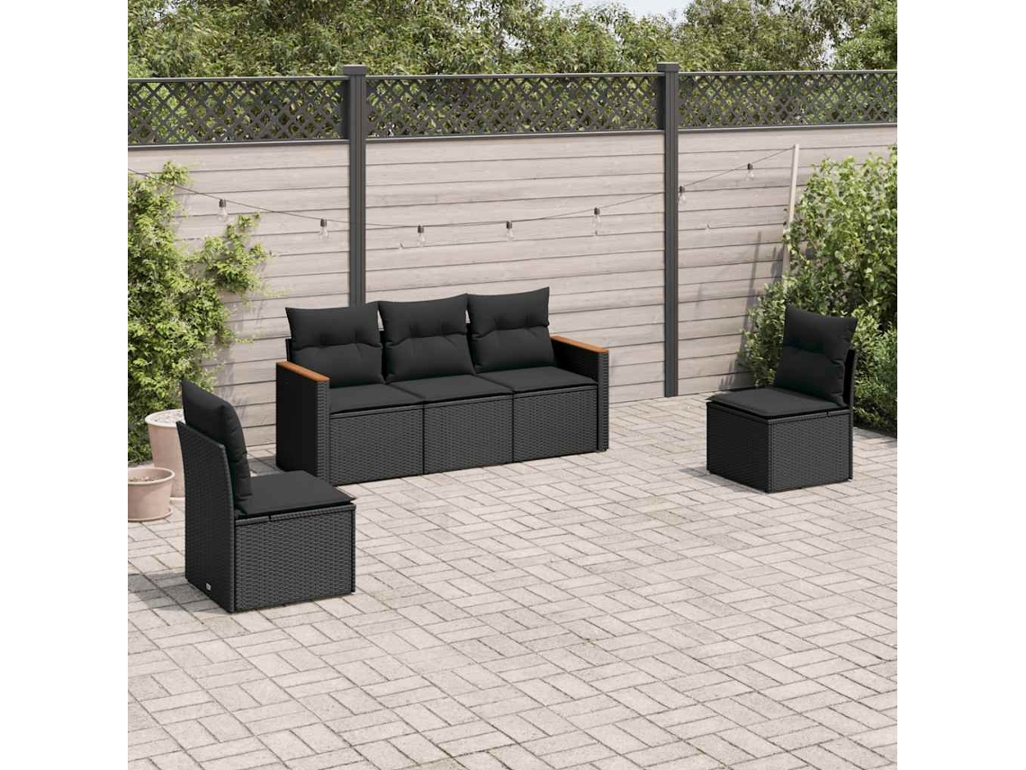 Vidaxl 5 Pcs Conjunto Sofás De Jardim Com Almofadões Vime Pe Preto