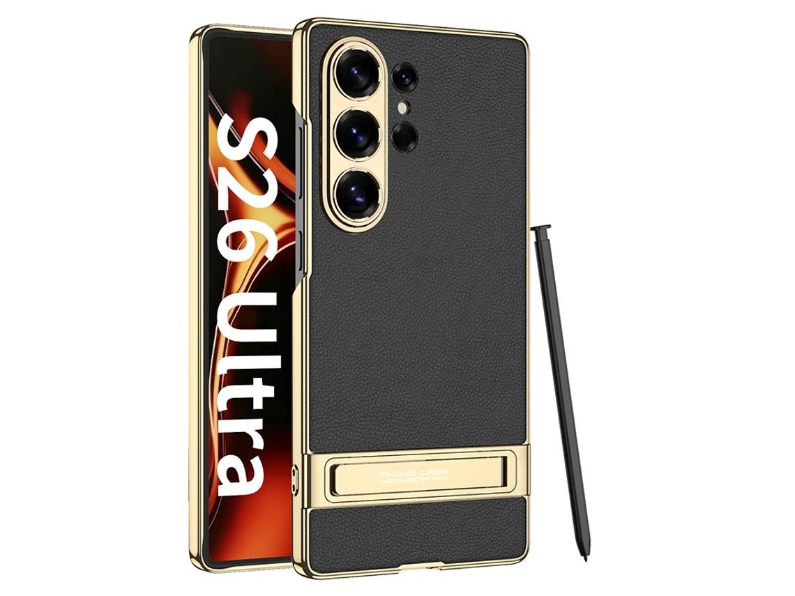Capa Hexinyigjly Para Samsung S26 Ultra, Pele Vegan Com Suporte Invisível, Fina E Flexível, Antichoque, Toque Luxuoso Preto