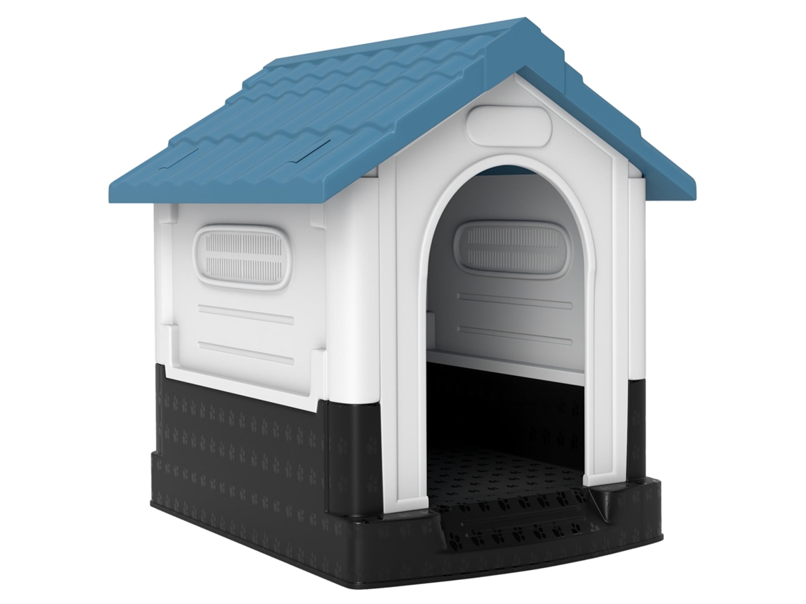 Mini casinha de plástico com 3 janelas, base elevada, telhado inclinado 64,5x57x66 cm azul