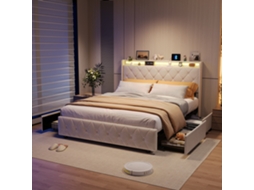 Cama Com Arrumação 140x200 Cm Em Veludo Bege – Cama Estofada Com 4 Gavetas, Função De Carregamento Led E Usb Na Cabeceira, Cama De Casal.