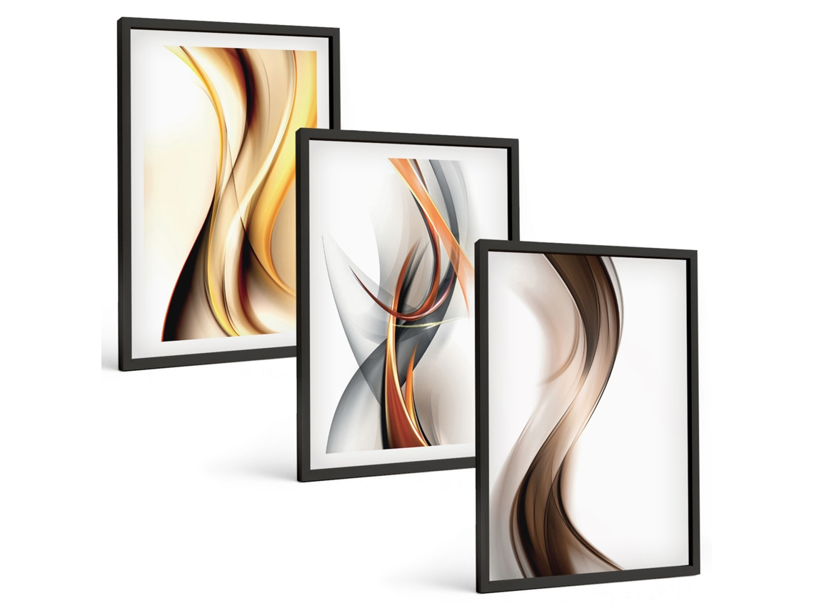 Composição De Quadros Na Parede Ondas Amarelas, Cinzas E Marrons Moldura Preta Quadros Para O Escritório Espelharte (3 Piezas De 40x60 Cm)