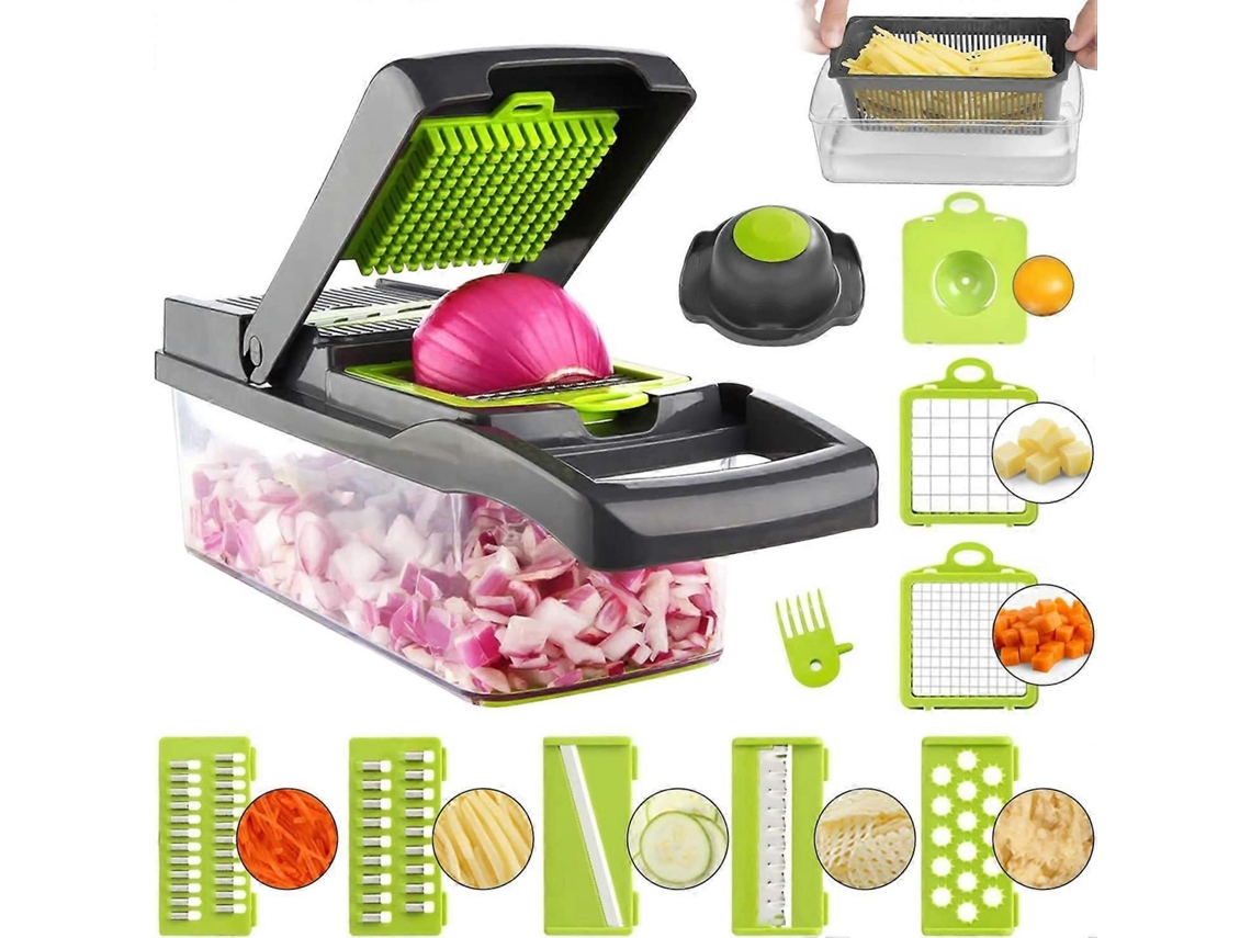 Mandolina Cortadora de Alimentos, Picador Multifuncional com 7 Lâminas de Aço Inoxidável 304, Seguro e Fácil de Limpar Cinza