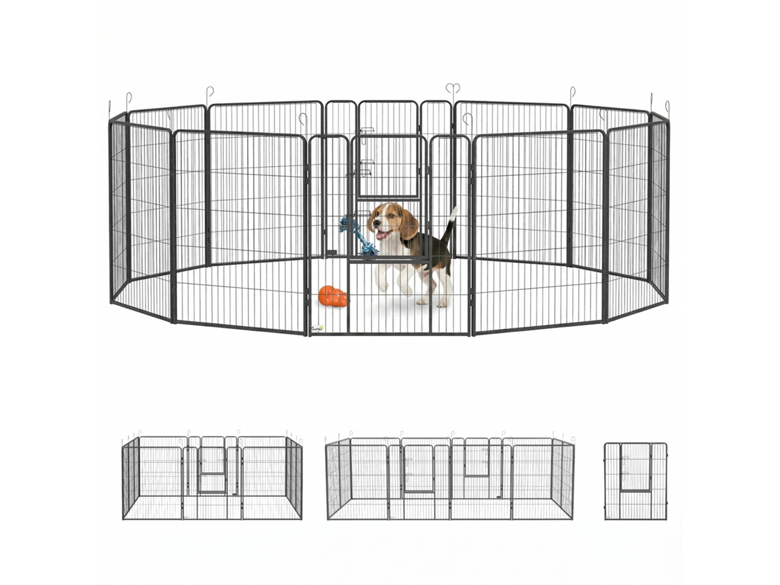 Cercadinho para Filhotes, 12 Peças para Filhotes, Dobrável com 2 Portas, 12 Placas de Malha de Aço Cada uma 80x100 Cm Cinza Ge