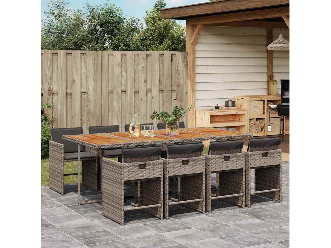 Vidaxl 9 Pcs Conjunto De Jantar P/ Jardim C/ Almofadões Vime Pe Cinza