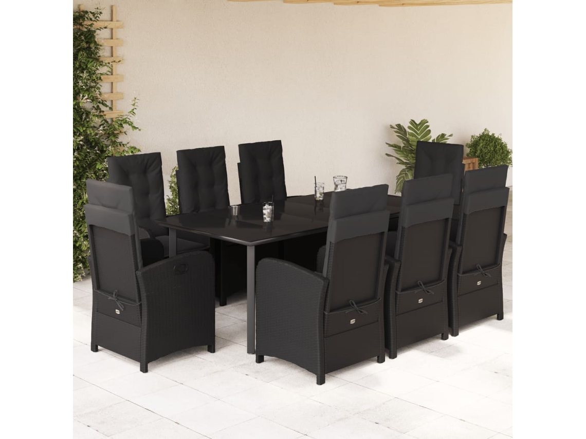Vidaxl 9 Pcs Conjunto de Jantar P/ Jardim C/ Almofadões Vime Pe Preto