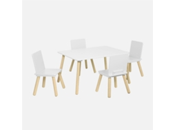 Mesa Infantil Retangular Em Madeira De Pinho Com 4 Cadeiras, Branco