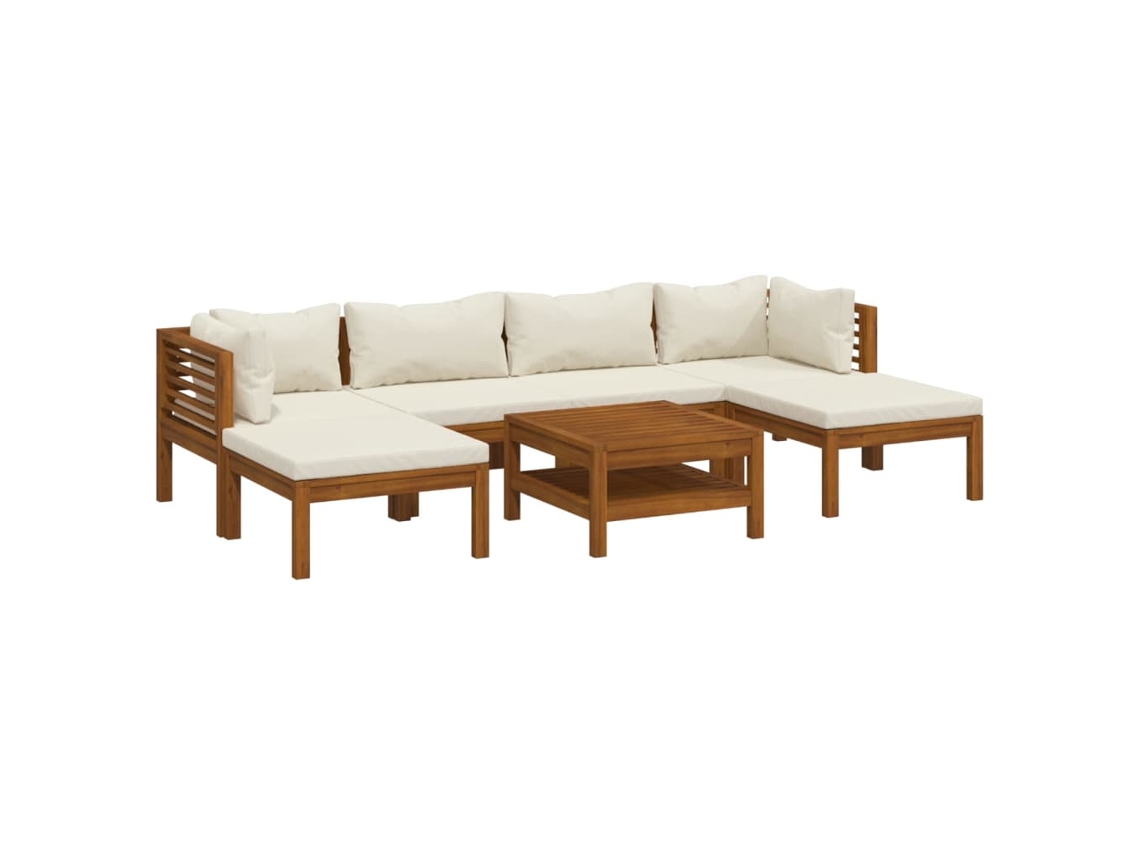 Conjunto 7 lounge jardim c/ almofadões VIDAXL creme acácia maciça