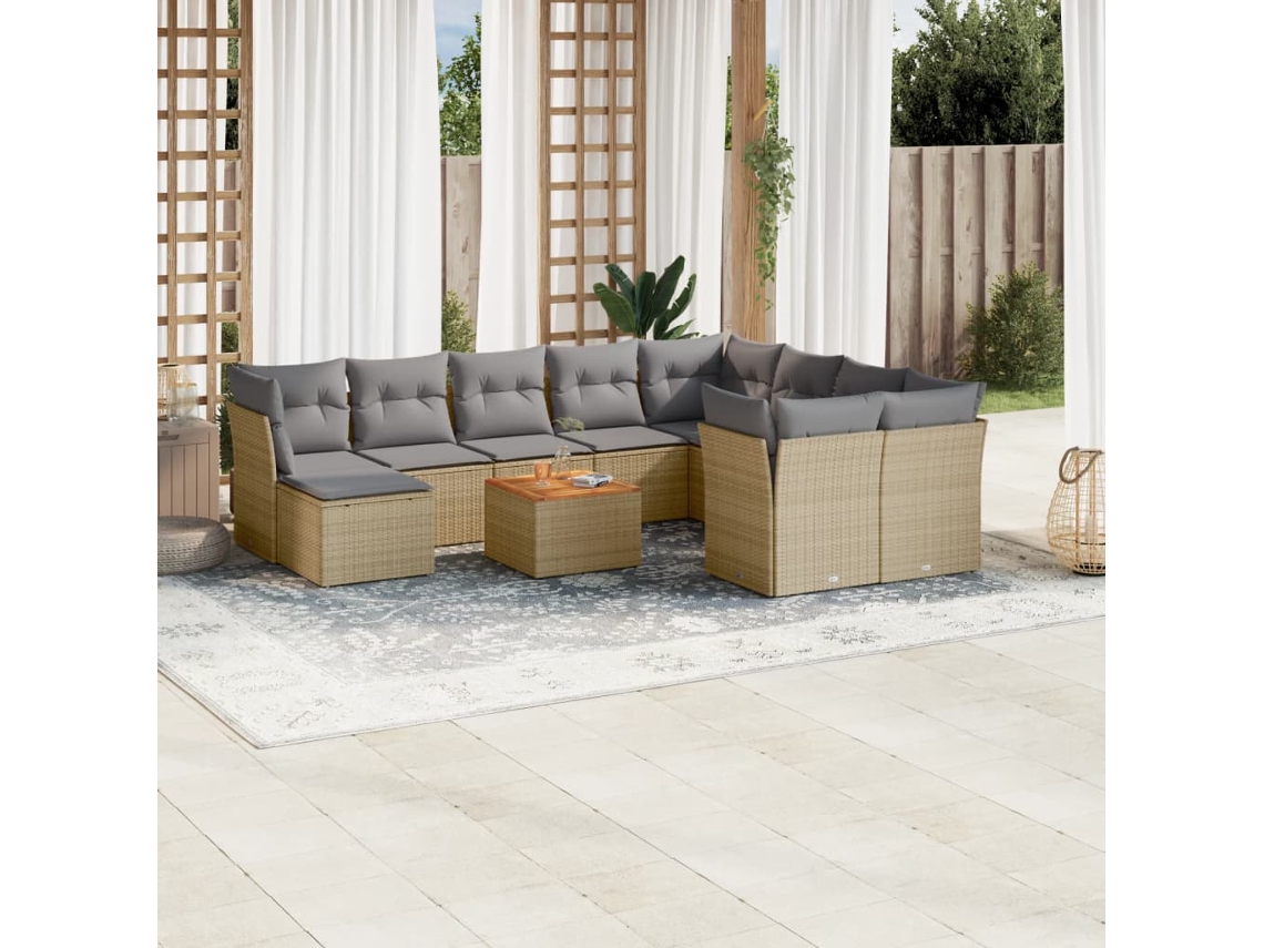 Vidaxl 11 Pcs Conj. Sofás Jardim C/ Almofadões Vime Pe Bege Misturado