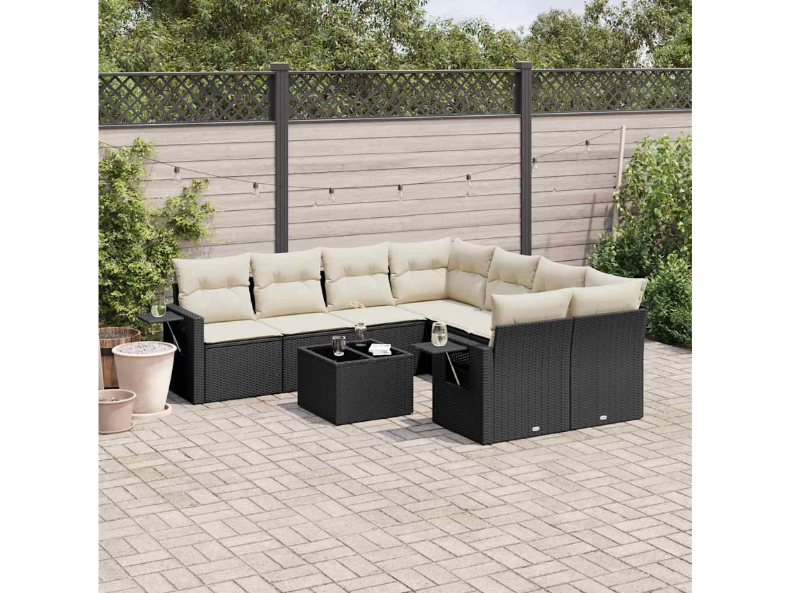 Vidaxl 9 Pcs Conjunto De Sofás P/ Jardim C/ Almofadões Vime Pe Preto