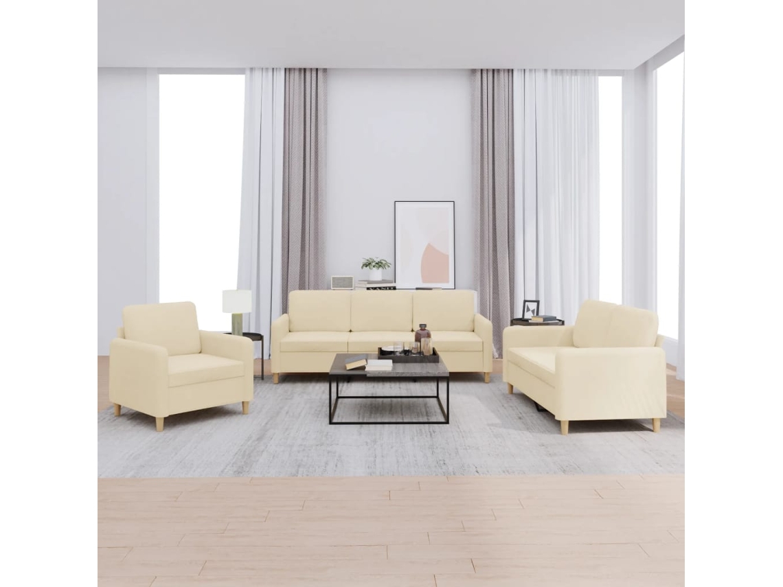 Vidaxl 3 Pcs Conjunto De Sofás Com Almofadões Tecido Cor Creme