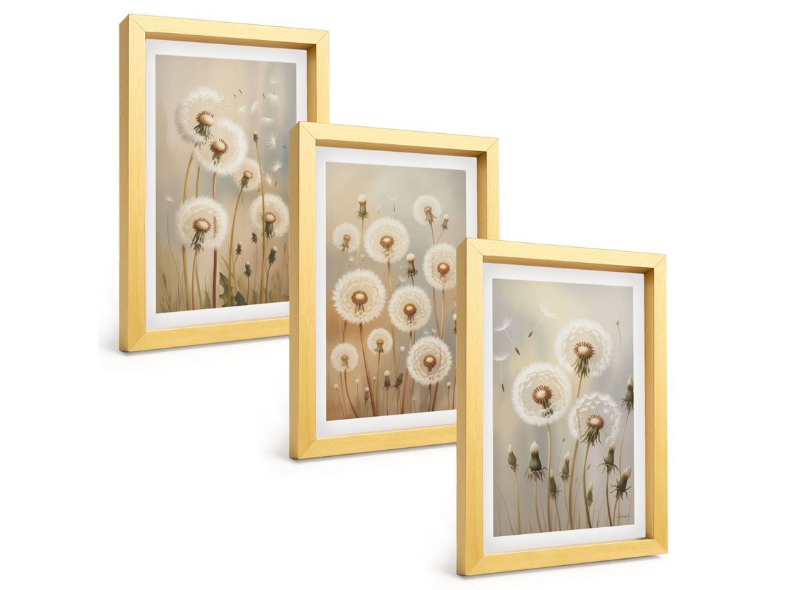 Composição De Quadrosdentes-de-leão Brancos, Fundo Claro Moldura Dourada Imagens Para Um Quarto Infantil Espelharte (3 Peças 20x30 Cm)