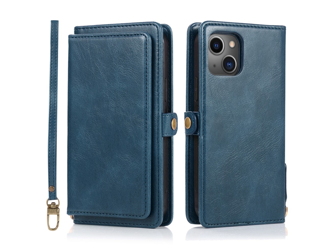 Capa Amovível Pega Para Iphone 15 Plus Pele Sintética Azul