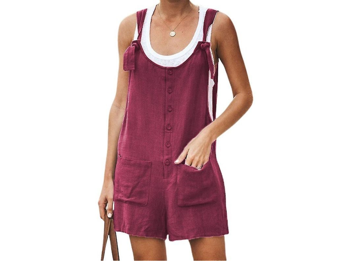 Mono Corto Fasst de Pantalones para Mujer Casual con Botones Cuello Redondo Bolsillos