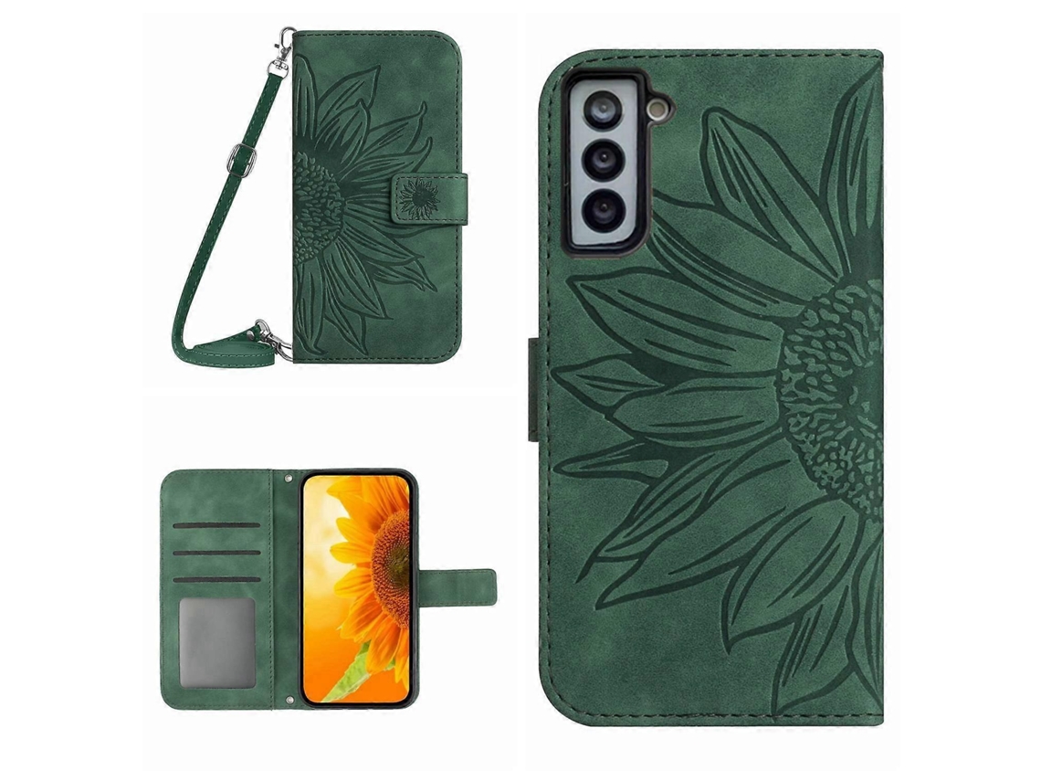 Capa De Couro Flip Com Estampa De Flor De Sol E Cordão Para Samsung Galaxy S22 5g