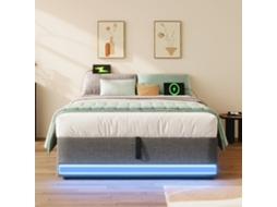 Cama acolchoada 90x200cm, armazenamento hidráulico, LED, multicolorido, USB, bolsos laterais, sem cabeceira, cinza, KOMHTOM