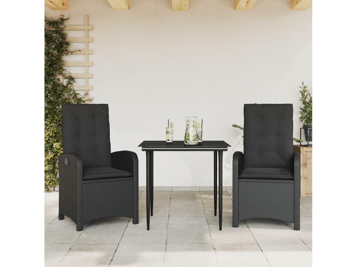 3 Pcs Conjunto De Jantar P/ Jardim C/ Almofadões Vime Pe Preto Dkd Home Decor