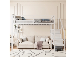 Beliche mezanino 140x200cm com prateleiras, escada com armazenamento, espaço sob a cama, guarda corpo, 150kg, sem colchão branco KOMHTOM