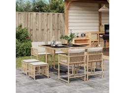 Vidaxl 9 Pcs Conjunto De Jantar P/ Jardim Com Almofadões Vime Pe Bege