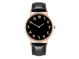 Relógio de pulso feminino em couro PU com mostrador redondo e movimento de quartzo (preto)