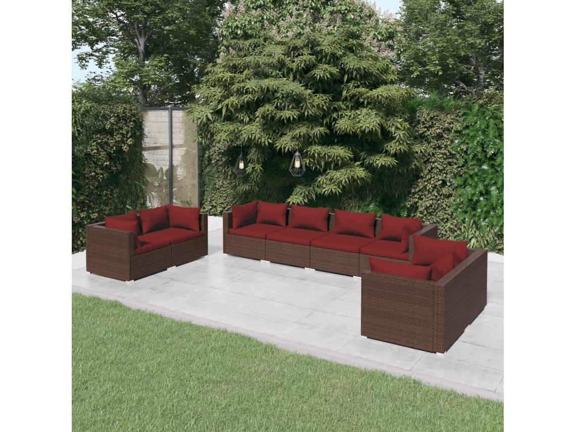Vidaxl 8 Pcs Conjunto Lounge De Jardim C/ Almofadões Vime Pe Castanho