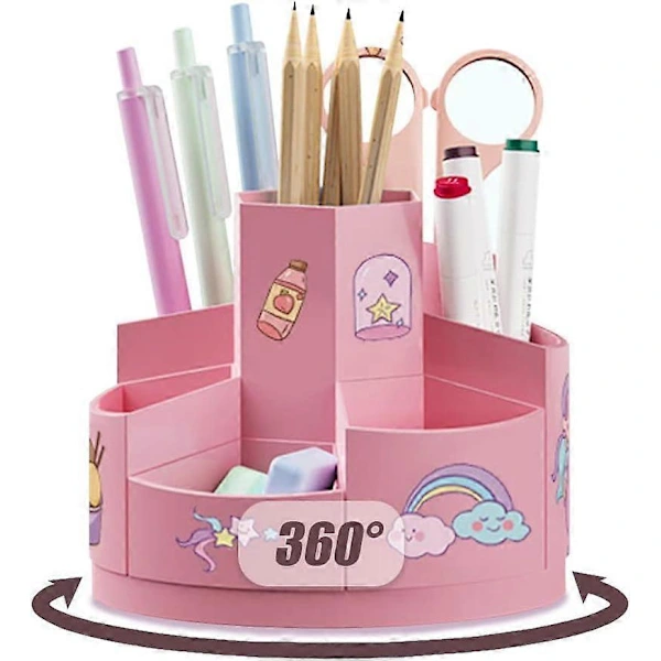 Porta, Lápis Giratório 360°, Estojo Criativo para Lápis, Organizador de Mesa, com 2 Adesivos de Desenho Animado e 7 Compartimentos BRILVIBERA (rosa)