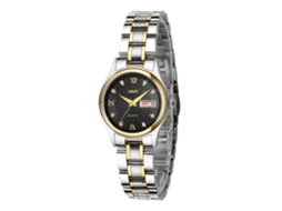 Relógio de casal à prova d'água com numerais romanos, mostrador com calendário, pulseira de aço preta, feminino.