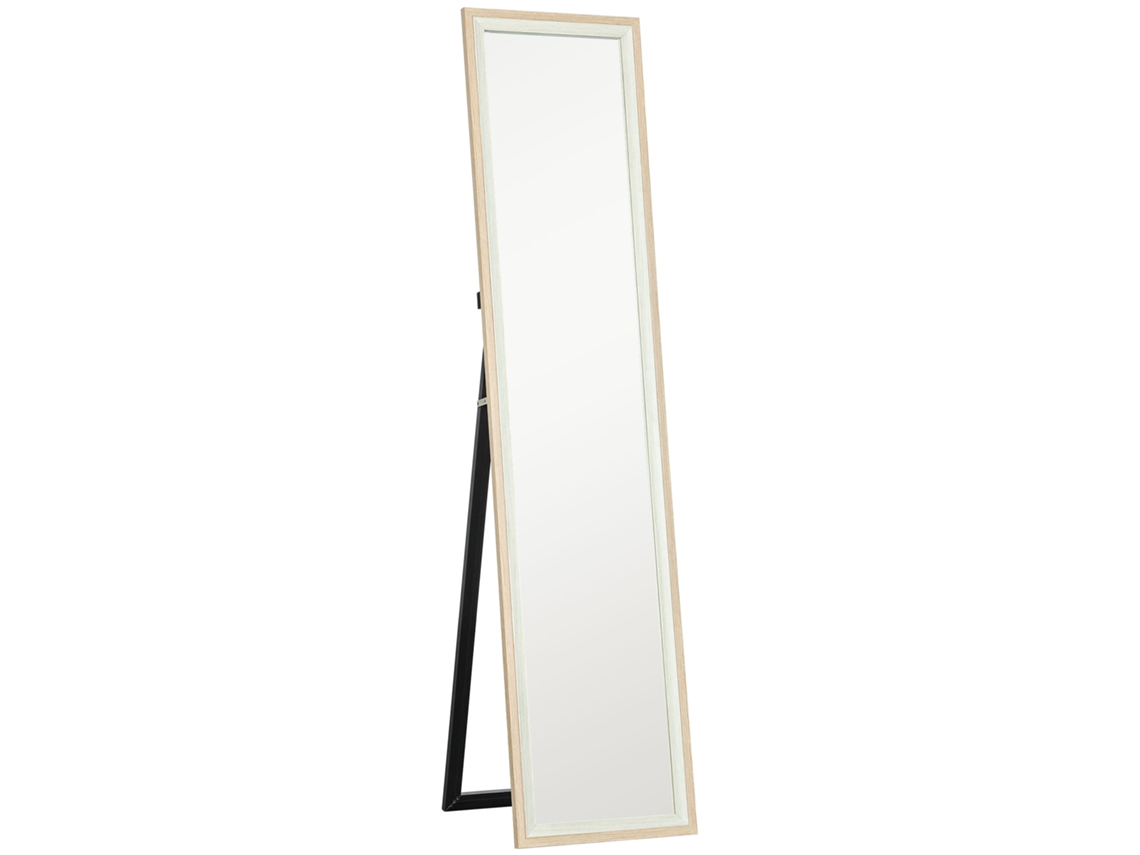 Espelho de Pé 37x157cm Espelho de Corpo Inteiro com Estrutura de Mdf e Suporte Branco e Madeira Clara