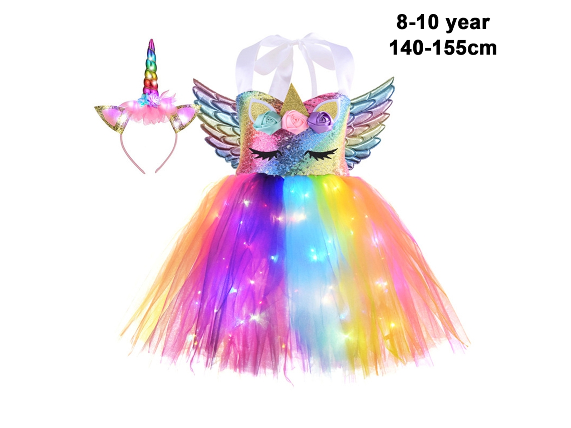 Mali vestido de Luz Led para Menina Arco íris com Sequins Asas e Tiara 10t 140 155cm