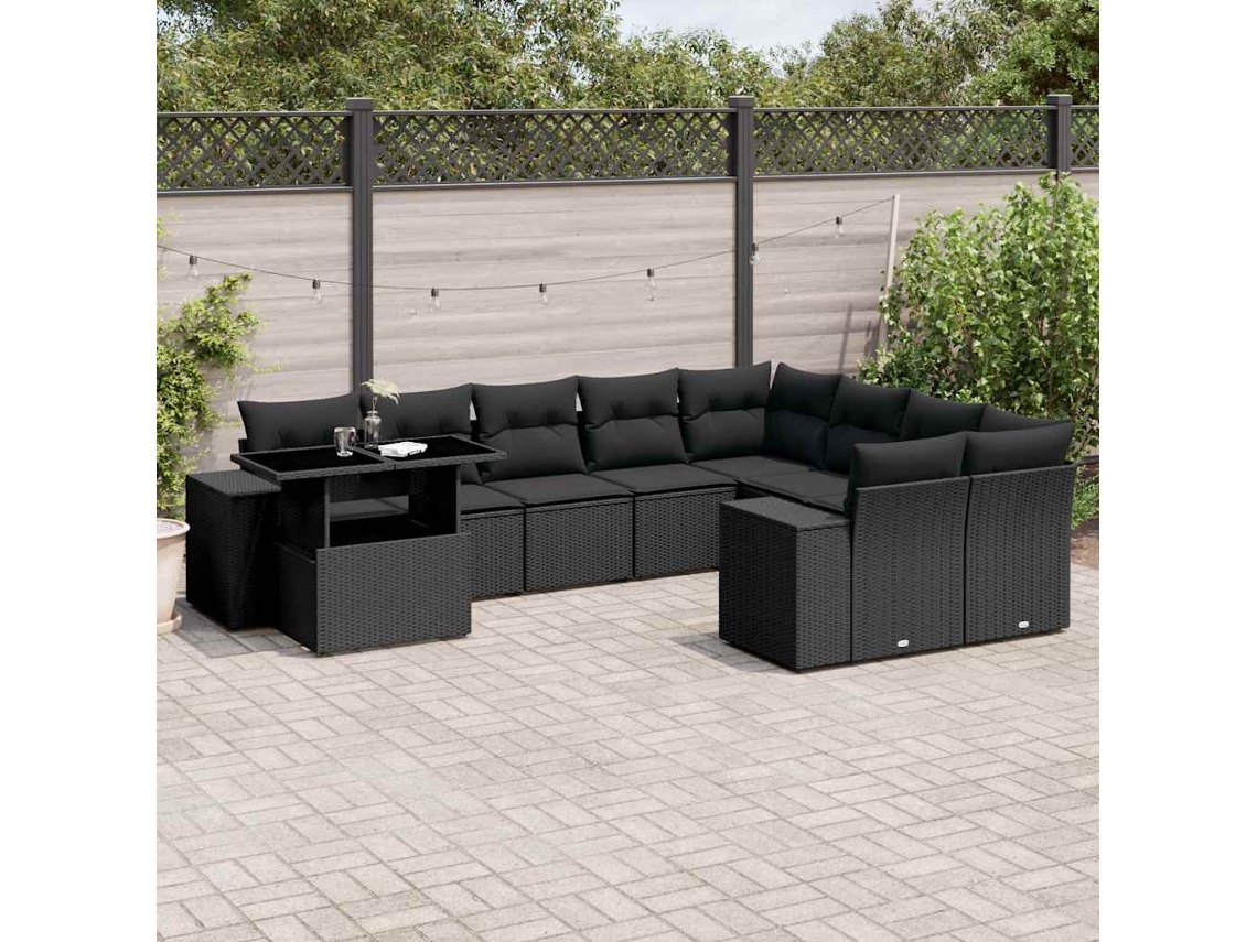 Vidaxl 10 Pcs Conjunto Sofás De Jardim C/ Almofadões Vime Pe Preto