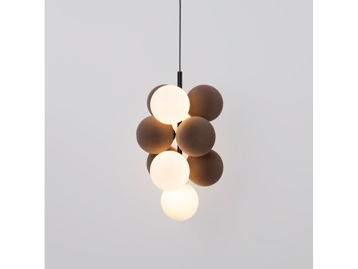 Luminária Acústica Suspensa Vertical Raim 4 Esferas Luminosas E 6 Esferas Absorventes Marrons Alpinaluz
