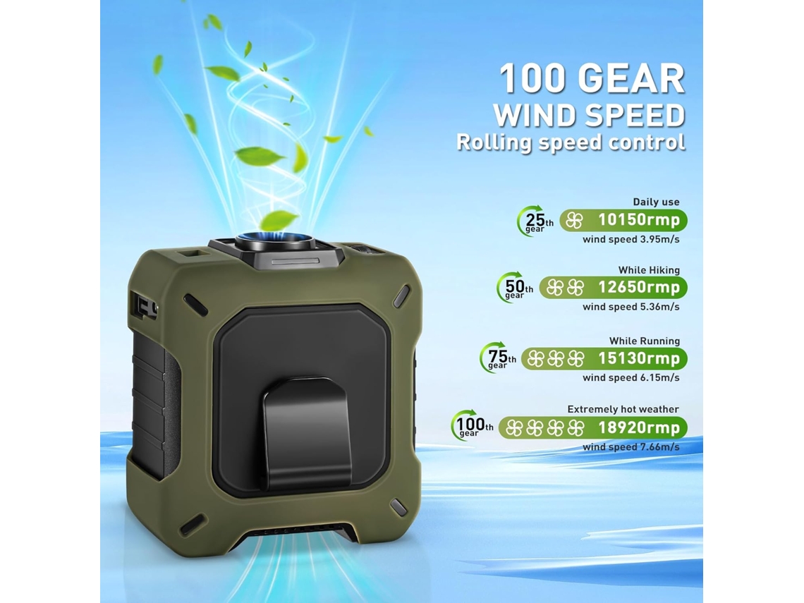 Ventilador de Cintura MDUG portátil, recarregável, robusto, 10400 mAh, com clipe, 33h de refrigeração