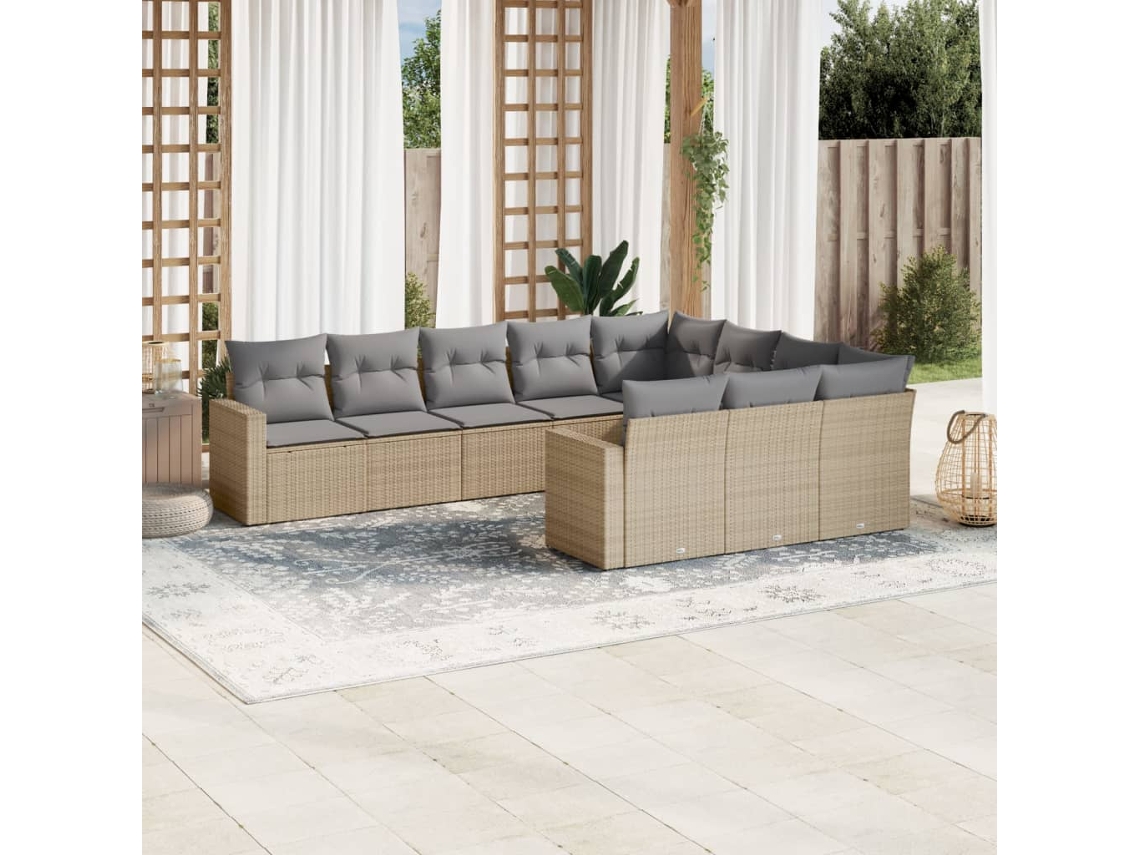 Vidaxl 10 Pcs Conjunto De Sofás P/ Jardim Com Almofadões Vime Pe Bege