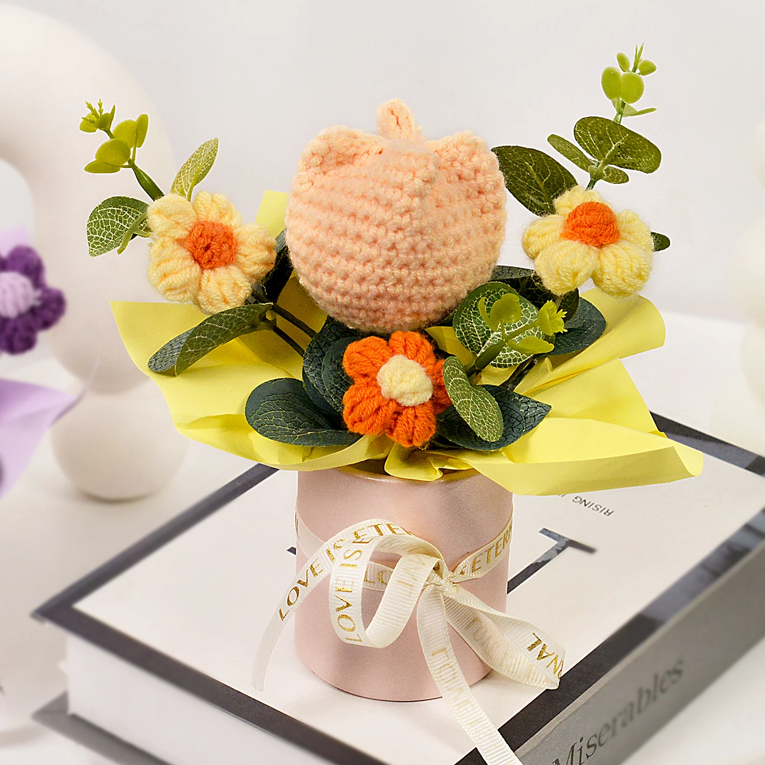 (amarelo) Buquês Feitos À Mão Em Crochê, Buquês De Tulipas Tricotadas, Decoração Para Casa E Presentes.
