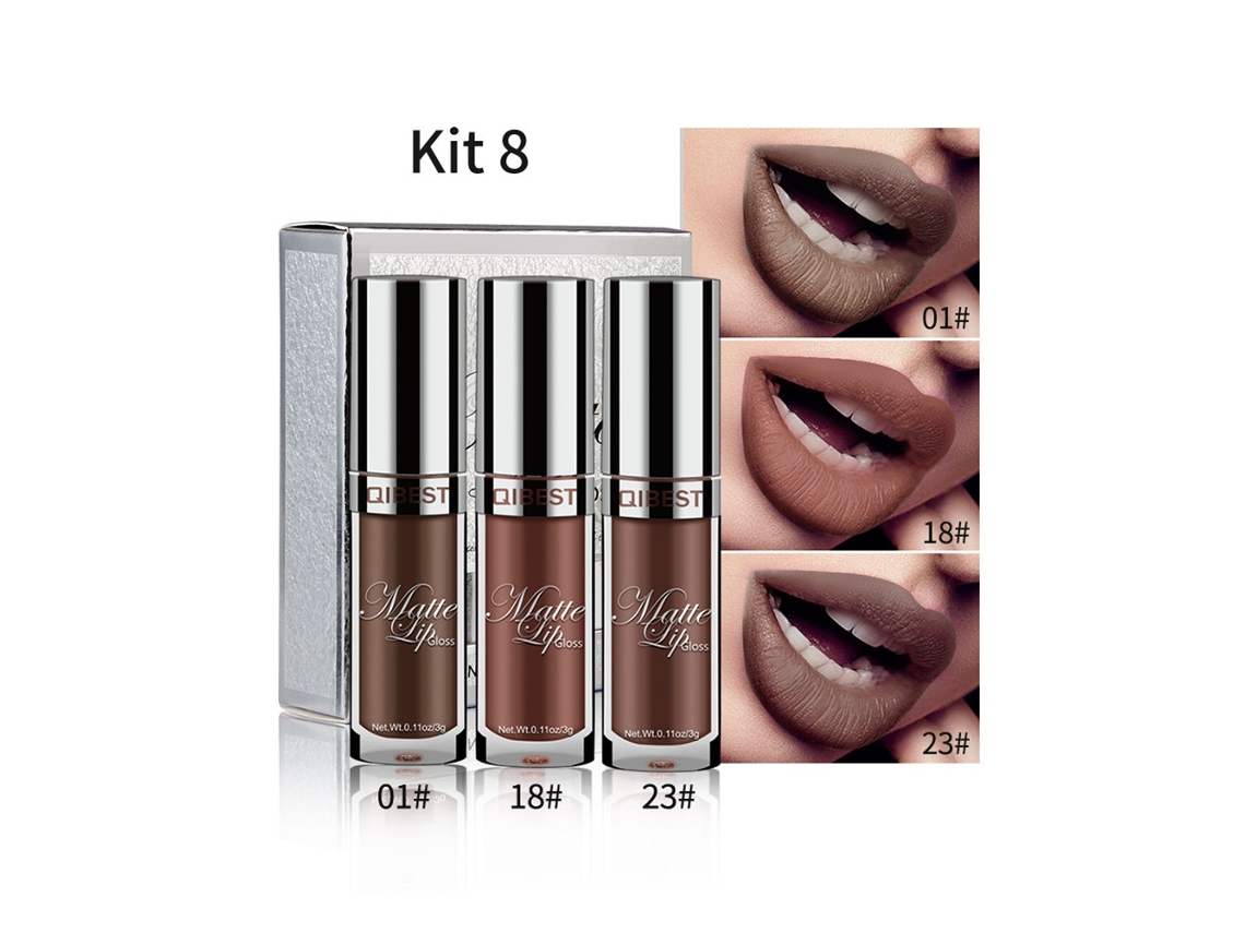 Qibest Batom Líquido Mate 3 Cores/conjunto Longa Duração Gloss Labial Maquiagem Cosmético 8