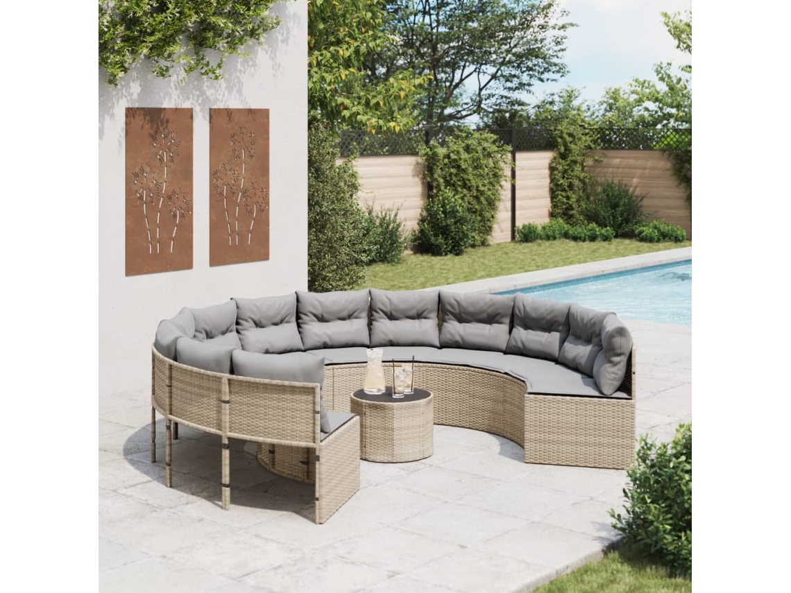 Sofá De Jardim Com Mesa E Almofadões Redondo Vime Pe Bege Dkd Home Decor