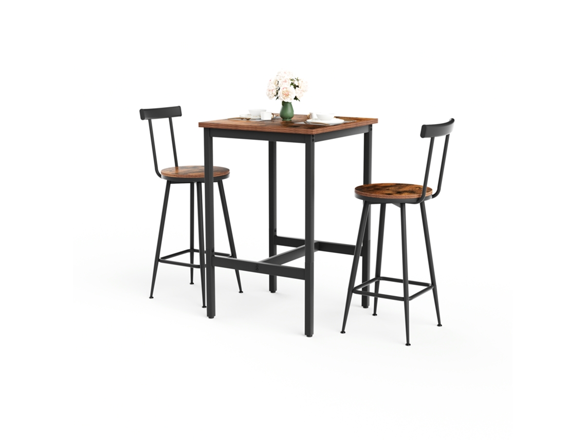 Conjunto Mesa Bar 2 Banquetas Industrial Marrom 60x60cm