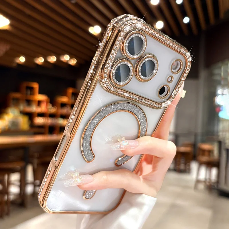 Capa Magnética Para Celular Com Glitter Eletrodepositado (iphone 13 Pro Dourado), Feita De Silicone Macio.
