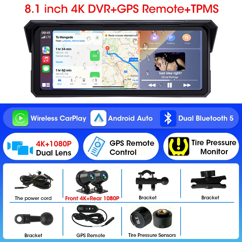 (gps-tpms) Câmera Veicular Para Motocicleta De 8,1 Polegadas, 4k, Carplay, À Prova D'água.