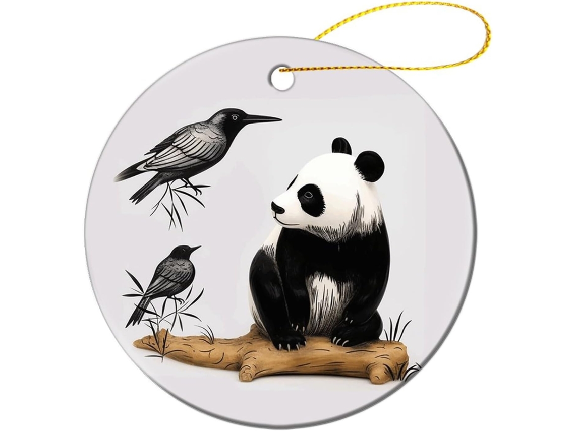 Enfeite De Natal Redondo De Cerâmica, Pássaro, Cedro E Panda,