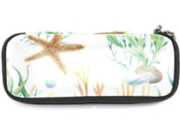 Caixa organizadora grande com estampa de vida marinha, estrela-do-mar e coral para lápis e canetas, ideal para maquiagem.