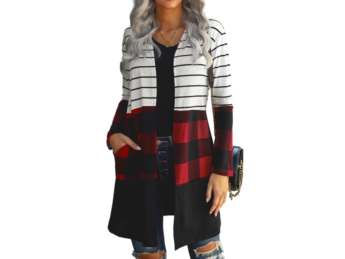 Laxiscreed Cardigan Feminino De Manga Longa Com Estampa Listrada, Aberto E Castanho, Confortável Para Outono, Tamanho Xxl
