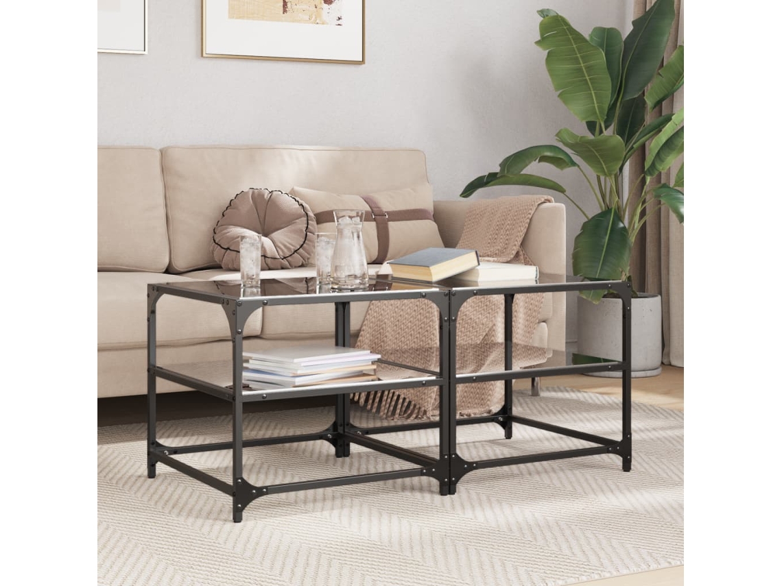 Vidaxl Mesas De Centro C/ Topo Em Vidro Preto 2 Pcs 50x50x45 Cm Aço