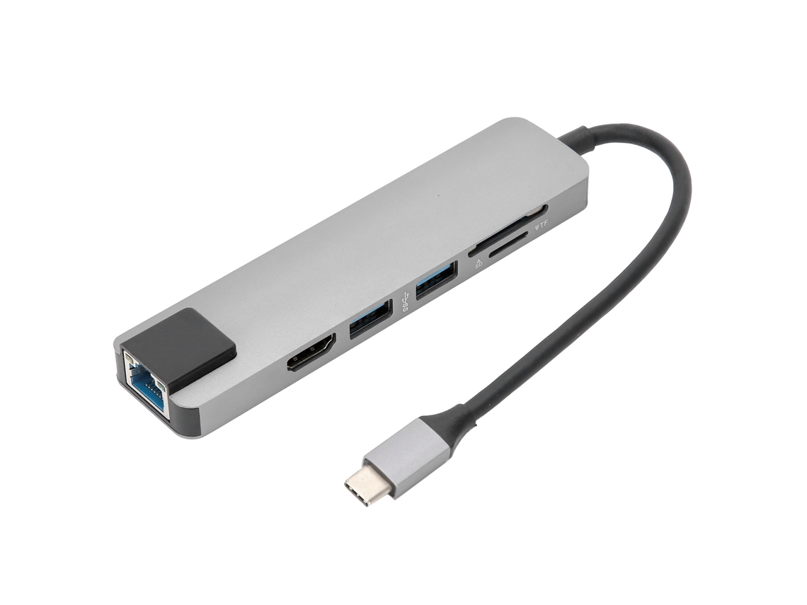 Hub Externo Estendido 6 Em 1 Usb 3.0 Hdmi Rj45 Display Adaptador Multiporta Tipo-c Cinza