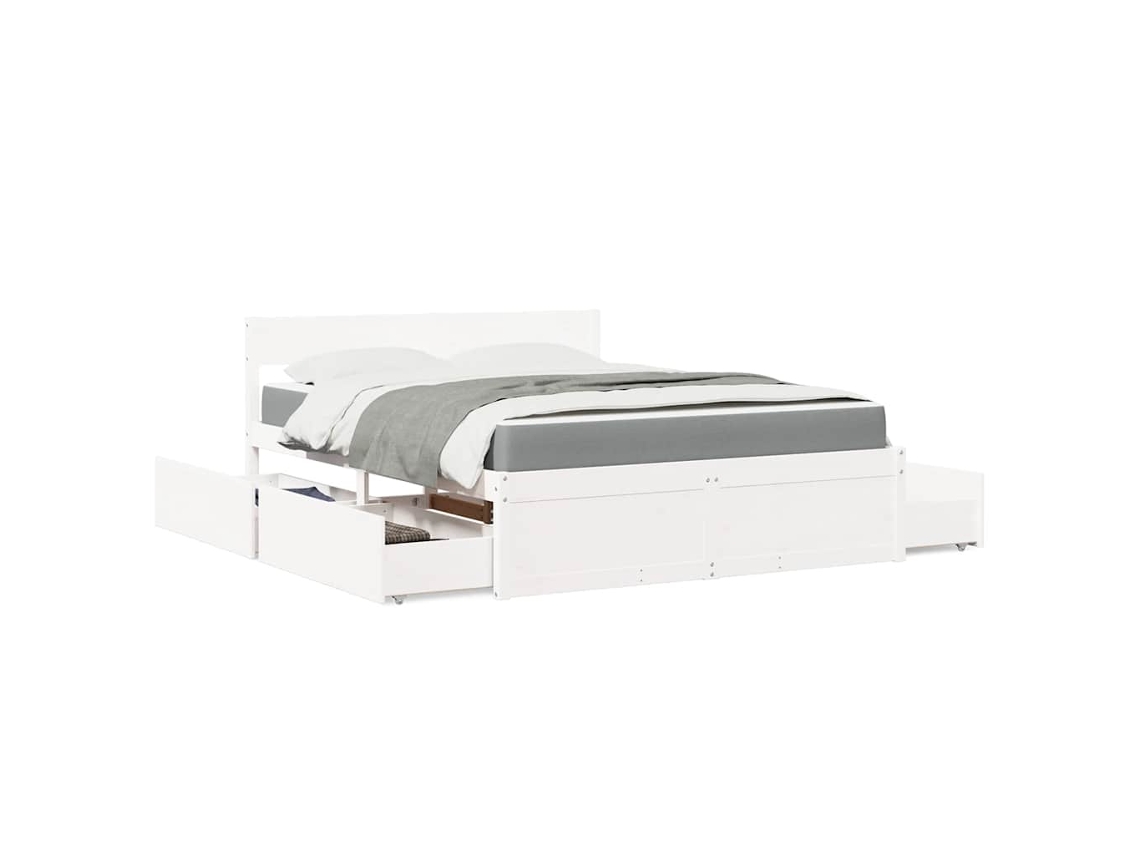 Vidaxl Cama Com Gavetas E Colchão 140x200 Cm Pinho Maciço Branco