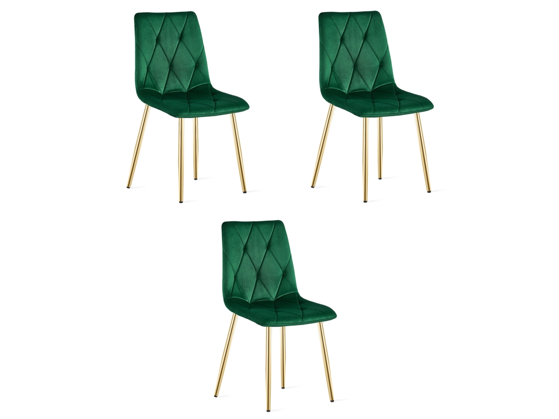 Cadeira De Jantar Conjunto De 3 Peças Tyra Assento Verde Escuro, Pernas De Ouro, Assento Acolchoado, Assento Ergonômico
