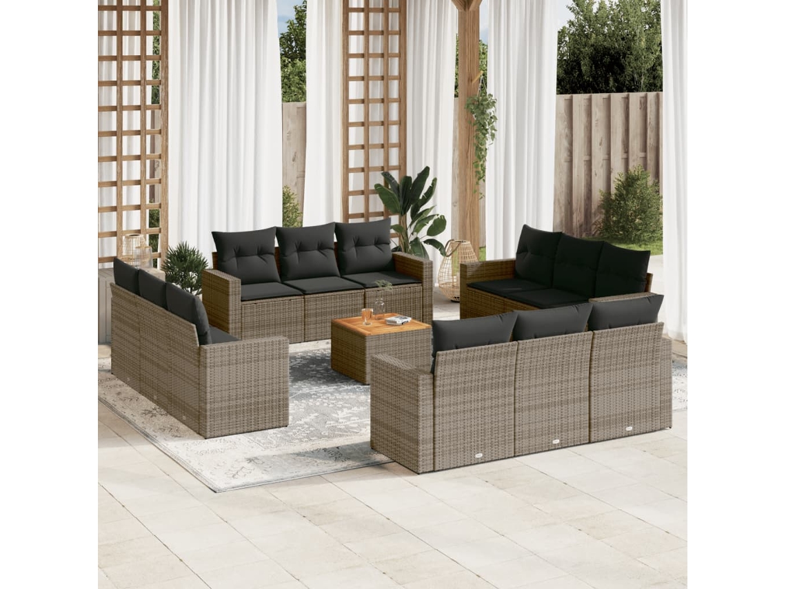 Vidaxl 13 Pcs Conjunto Sofás P/ Jardim C/ Almofadões Vime Pe Cinzento