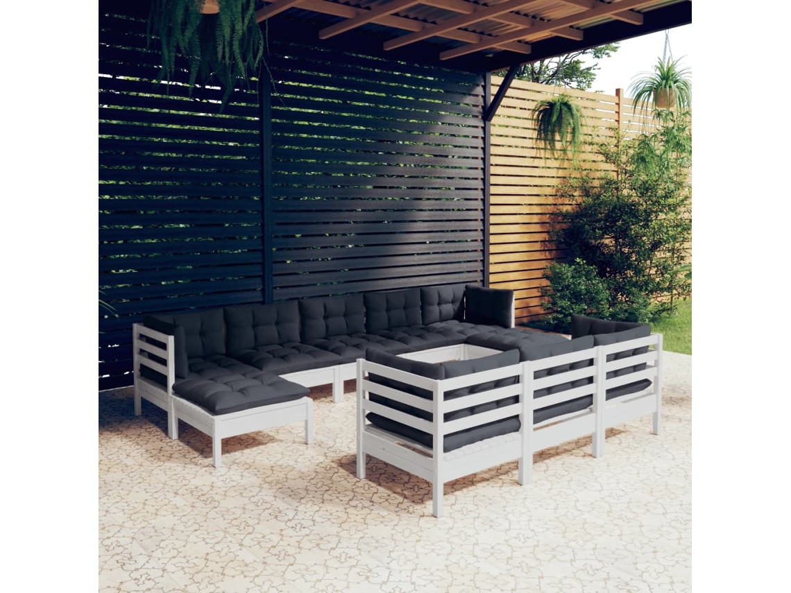 10 Pcs Conj. Lounge De Jardim C/ Almofadas Pinho Maciço Branco Dkd Home Decor