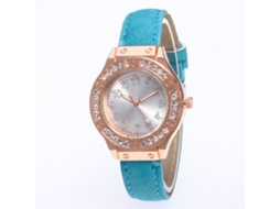 Relógio feminino de quartzo com pulseira de couro sintético e diamantes, mostrador redondo azul claro.