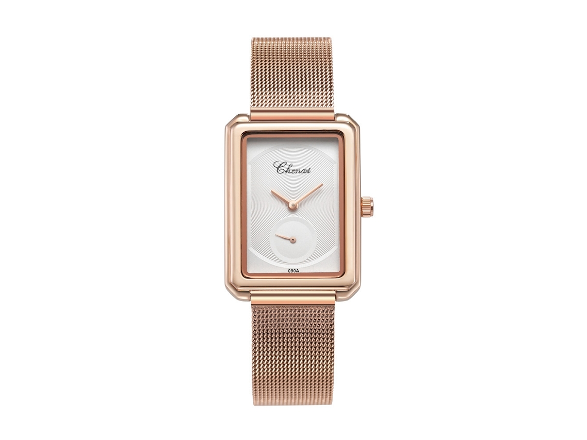 Relógio de Pulso Feminino Fashion Retangular com Pulseira de Malha Ouro Rosa e Branco