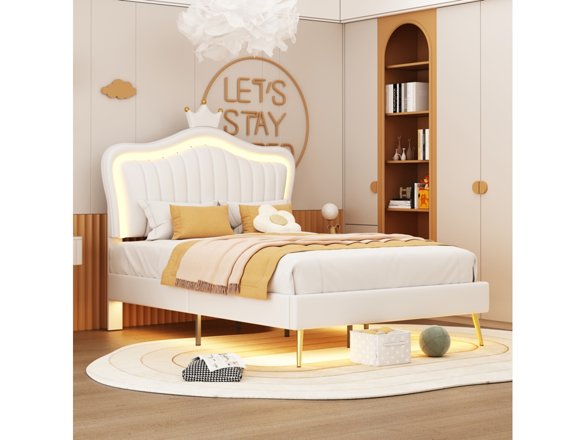 Cama Infantil Estofada 90x200 Cm Para Meninas Com Cabeceira Pu Branca, Led, Estrado De Ripas E Design Moderno (sem Colchão)